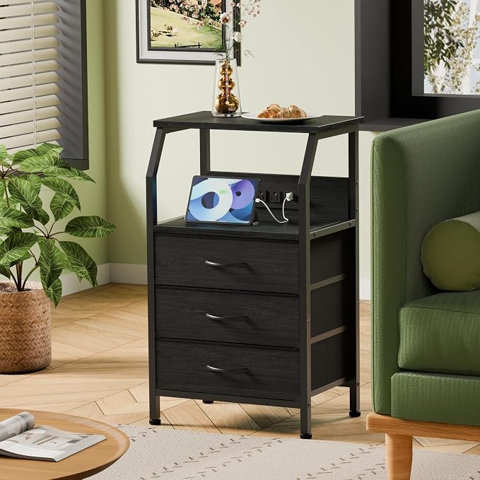 Furnulem Night Stand with Charging Station, 3 Drawers Bedside Table, Small - Image 4