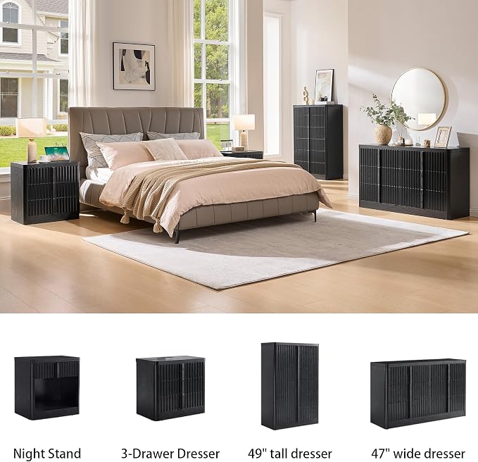 Black Fluted Dresser for Bedroom, Modern TV Stand Set, Curved Profile Design - Image 7