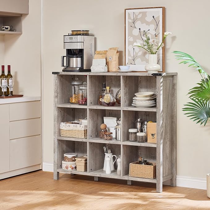 9 Cube Bookcase, Farmhouse 47 Inch Wide Grey Oak Bookshelf, Wooden 3 Tier - Image 9