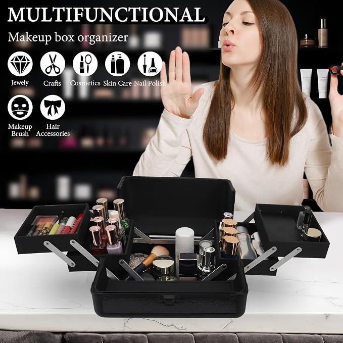 Large Makeup Train Case Cosmetic Organizer Case Makeup Box Portable Make Up - Image 4