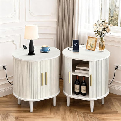 Nightstand with Charging Station, Fluted Accent Side Table with Sliding Door & - Image 7