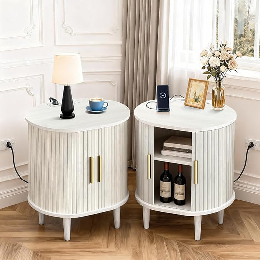 Nightstands Set of 2 & Charging Station, Fluted Accent Side Table by DHHFurnitureBuyNow