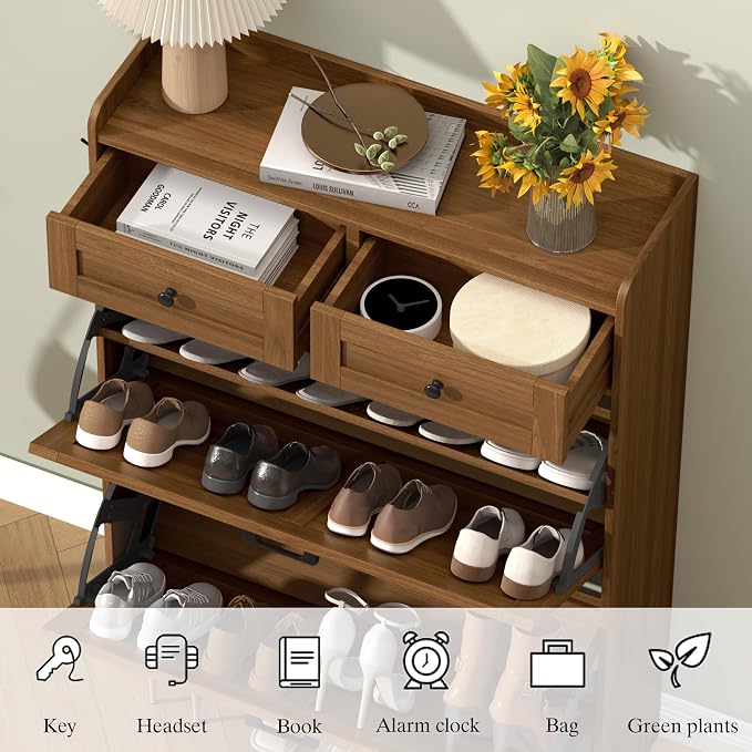 Thacuok Shoe Cabinet with 2 Flip Drawers & 2 Storage Drawers, Rustic Farmhouse - Image 5