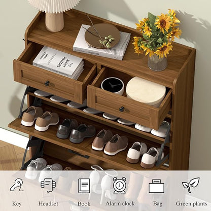 Thacuok Shoe Cabinet with 2 Flip Drawers & 2 Storage Drawers, Rustic Farmhouse - Image 5