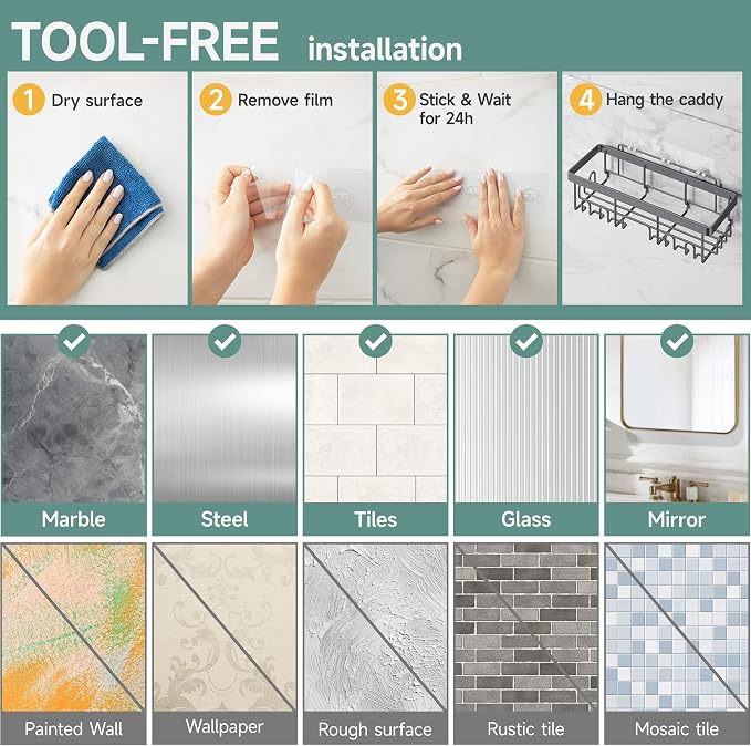 Veken Rustproof & Waterproof Shower Caddy 6-Pack, No Drilling Adhesive Shelves - Image 9