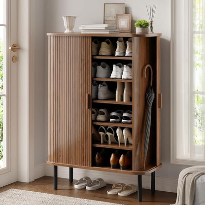6-Tier Shoe Cabinet with Sliding Door, Wooden Shoe Storage Cabinet with by ONBRILL