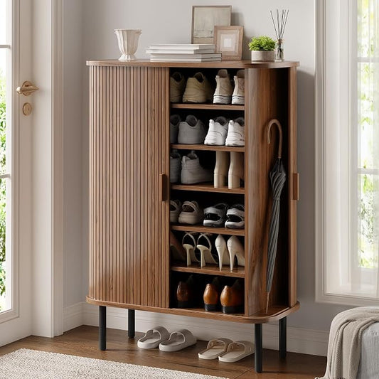 6-Tier Shoe Cabinet with Sliding Door, Wooden Shoe Storage Cabinet with by ONBRILL
