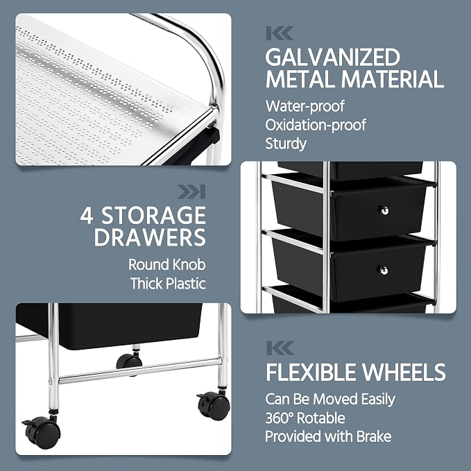 Yaheetech 4 Drawers Cart Rolling Storage Organizer Metal Frame Plastic Drawers - Image 4