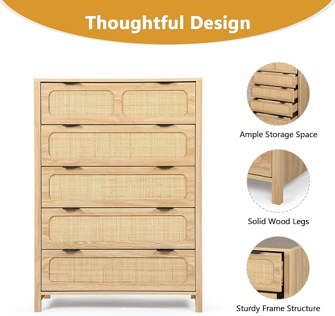 5 Drawer Dresser with Rattan Finish, Modern Farmhouse Chest of Drawers with - Image 7
