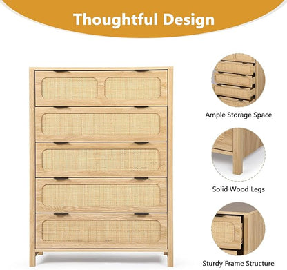 5 Drawer Dresser with Rattan Finish, Modern Farmhouse Chest of Drawers with - Image 7