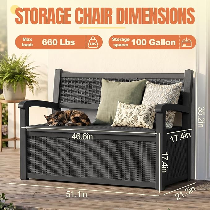 Storage Bench Outdoor Deck Box, 100 Gallon Waterproof & UV Resistant Lockable - Image 2