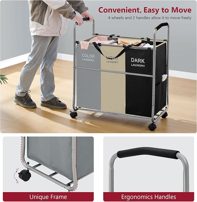 Tajsoon 3 section Laundry Hamper Sorter, Laundry Sorter Cart - Image 6