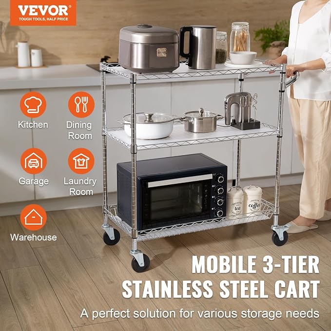 VEVOR Kitchen Utility Cart, 3 Tiers, Wire Rolling Table - Image 2