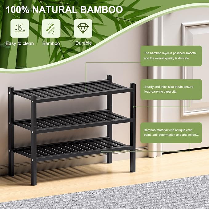 3 Tier Bamboo Shoe Rack for Entryway, Small Wood Shoe Shelf Storage Organizer - Image 6