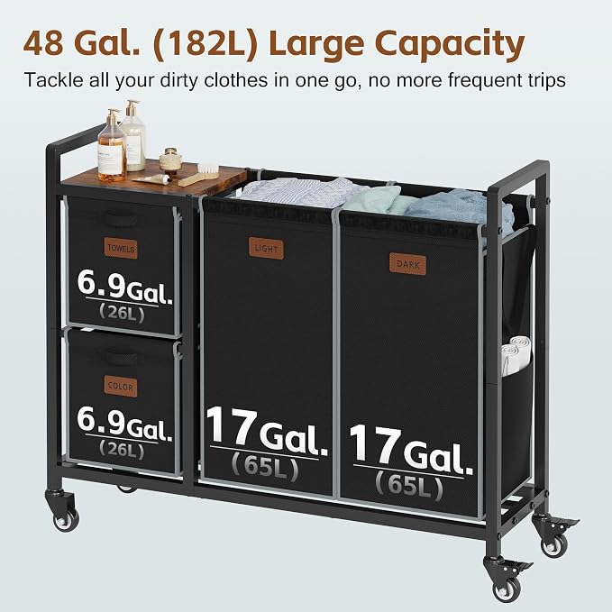 Hoctieon 4 Section Laundry Cart, 48 Gal. Laundry Hamper - Image 7