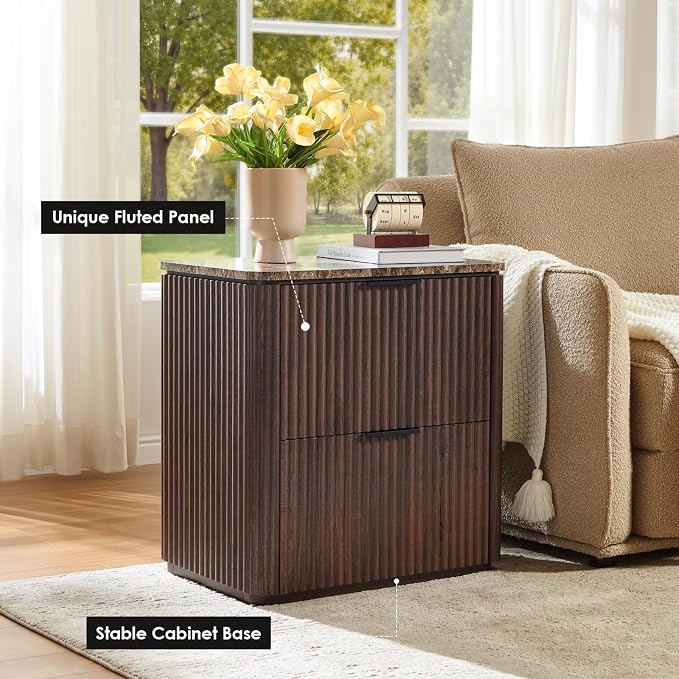 Fluted Nightstand with 2 Drawers, Bedside Table with Faux Marble-Top, - Image 3