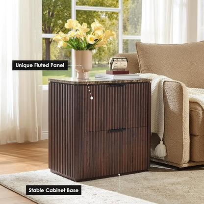 Fluted Nightstand with 2 Drawers, Bedside Table with Faux Marble-Top, - Image 3