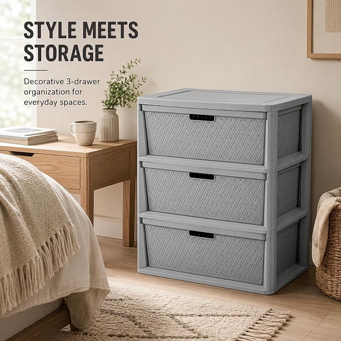 Wide 3-Drawer Plastic Storage Tower, Decorative Organizer Chest, BPA-free - Image 8