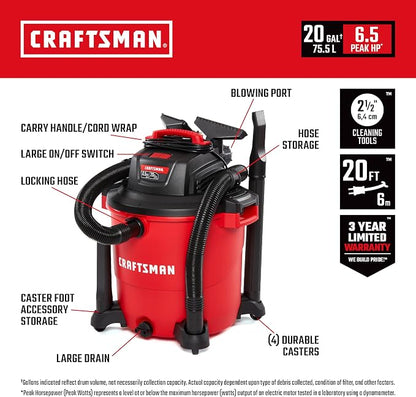 CRAFTSMAN CMXEVBE17596 20 Gal. 6.5 Peak HP Heavy Duty Wet/Dry Shop Vacuum - Image 2