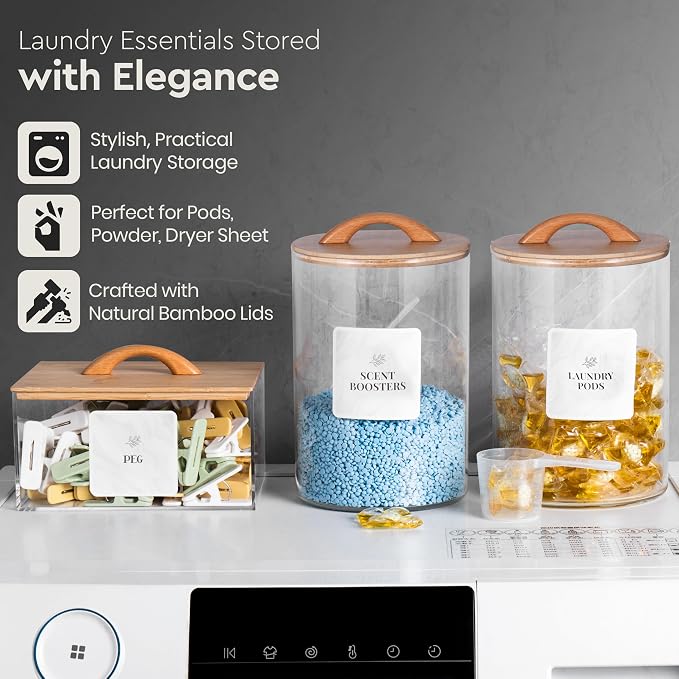 Laundry Pod Storage Container Set | Two 3L Glass Jars & One Acrylic Dryer Sheet - Image 5