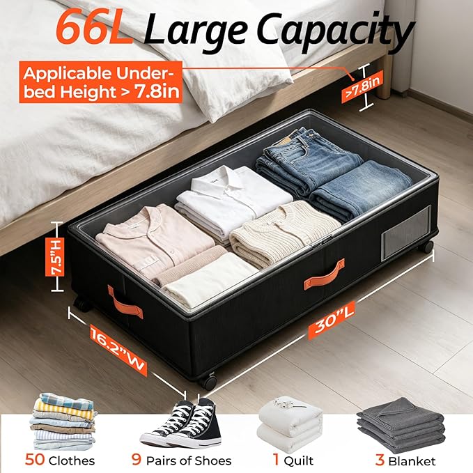 Under Bed Storage with Wheels 2-Pack, Under Bed Storage Containers 66L Clear - Image 2