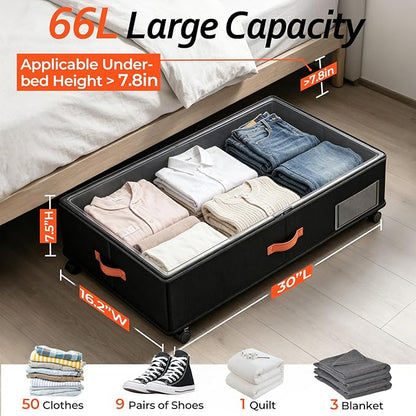 Under Bed Storage with Wheels 2-Pack, Under Bed Storage Containers 66L Clear - Image 2