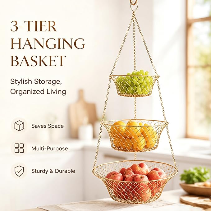 3-Tier Copper Hanging Basket for Kitchen & Bathroom | Maximize Space - Image 5