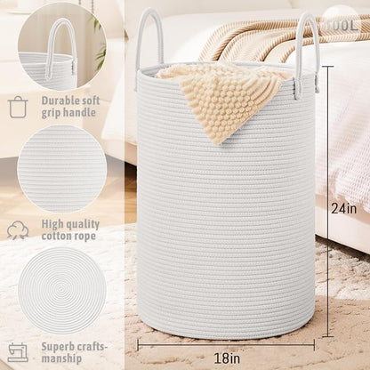 Laundry Basket, Woven Cotton Rope Laundry Hamper, 100L - Image 6