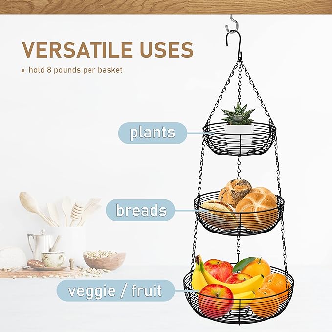 3-Tier Hanging Basket Fruit Organizer Kitchen Heavy Duty Wire Organizer - Image 4