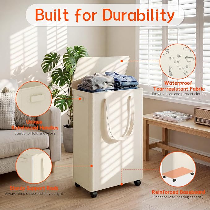 Slim Laundry Hamper with Wheels, 15 Gal Rolling Laundry Basket with lid and - Image 3