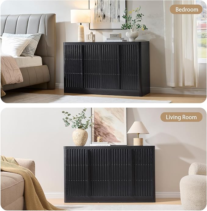 Black Fluted Dresser for Bedroom, Modern TV Stand Set, Curved Profile Design - Image 5