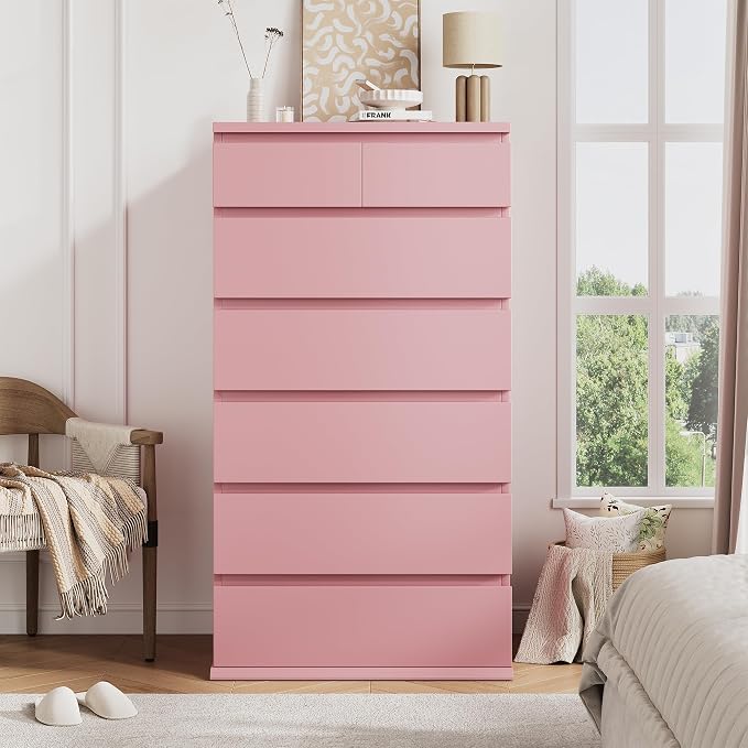 Pink Tall 7 Drawer Dresser for Bedroom, Modern Wood Closet Dressers & Chests of - Image 7