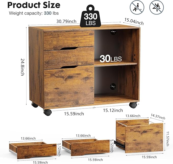 DUMOS File Cabinet with 3 Drawers, Wood Under Desk Storage Printer Stand | - Image 3