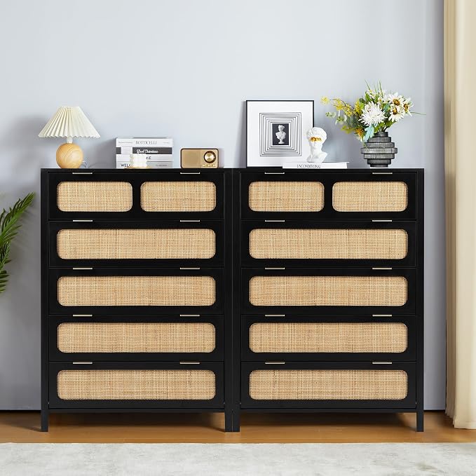 5 Drawer Dresser with Rattan Finish, Modern Farmhouse Chest of Drawers with - Image 8