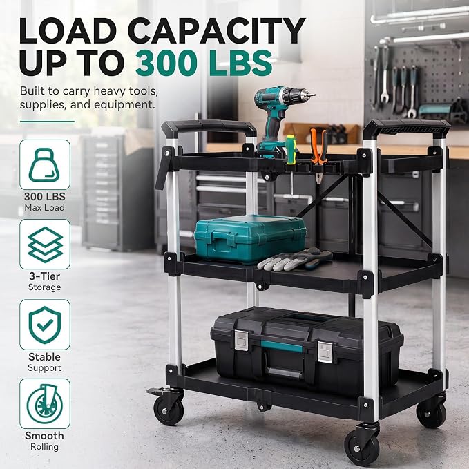 YITAHOME 3-Tier Large Folding Utility Cart w/Wheels, 300lbs | Foldable Service - Image 7
