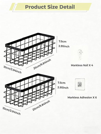 2 Pack Black Adhesive Metal Wire Wall Storage Baskets - Image 3
