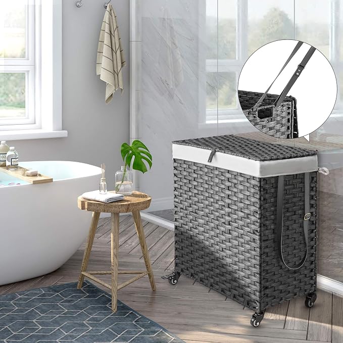 Greenstell Laundry Hamper with Wheels, No Install Needed, 110L Divided - Image 2