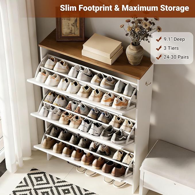 Shoe Cabinet for Entryway, 3 Flip Drawers Shoe Storage Cabinet - Image 4