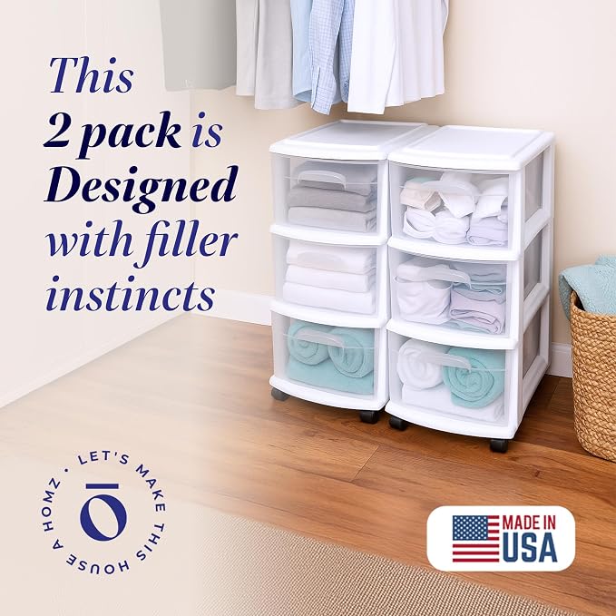 HOMZ Drawer Tower 3-Tier Storage Cart, Removable Wheels, 2 Pack | Plastic - Image 4