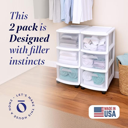 HOMZ Drawer Tower 3-Tier Storage Cart, Removable Wheels, 2 Pack | Plastic - Image 4