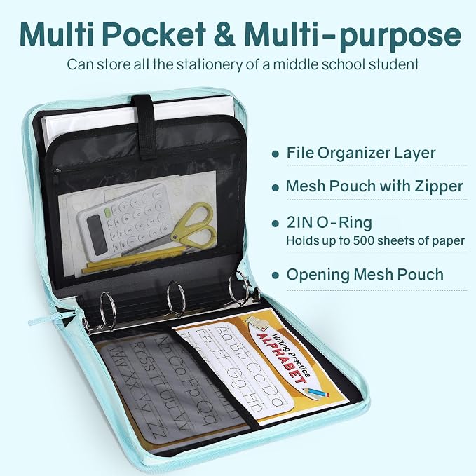 SUNEE Zippered Binder Bag with Handle, 2-Inch 3-Ring O-Ring, 500-Sheet Capacity - Image 3