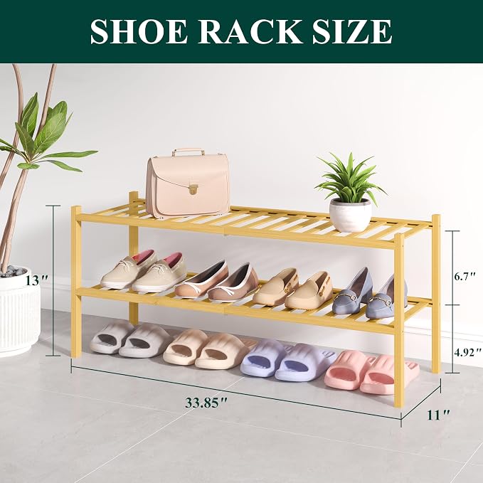 Smiry Bamboo Shoe Rack for Closet, 2 Tier Long Wooden Stackable Shoe Organizer - Image 2