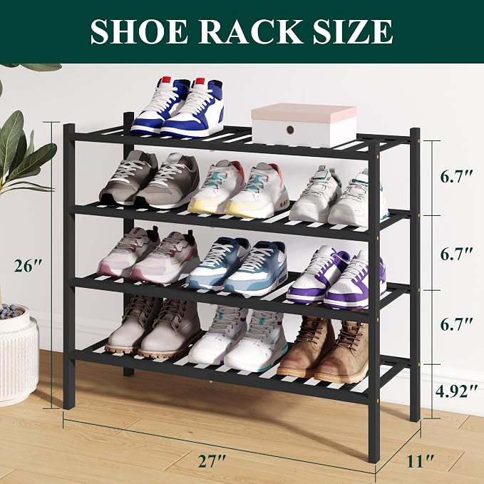 Smiry Bamboo Shoe Rack for Closet, 4 Tier Wooden Stackable Shoe Organizer - Image 2