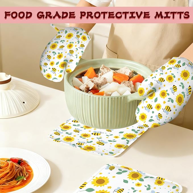 Cute Bee Sunflower Heat-Resistant Silicone Oven Mitts and Pot Holders 4 Piece - Image 7
