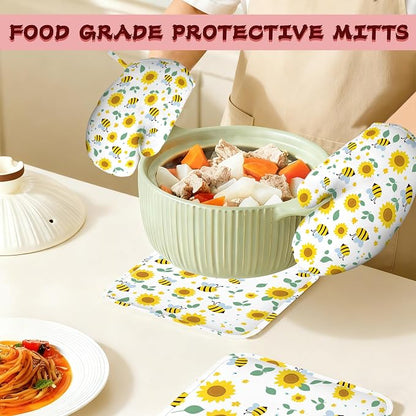 Cute Bee Sunflower Heat-Resistant Silicone Oven Mitts and Pot Holders 4 Piece - Image 7