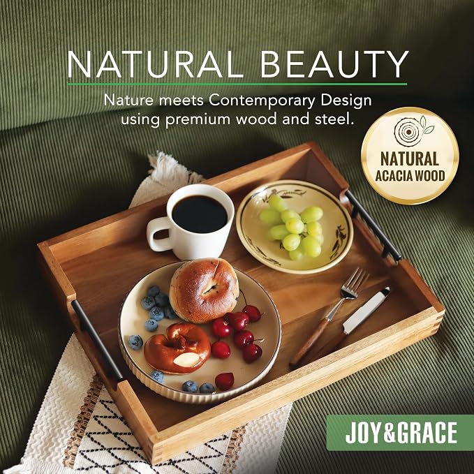Joy&Grace Ottoman Tray for Living Room, Large Acacia Wooden Serving Tray - Image 2