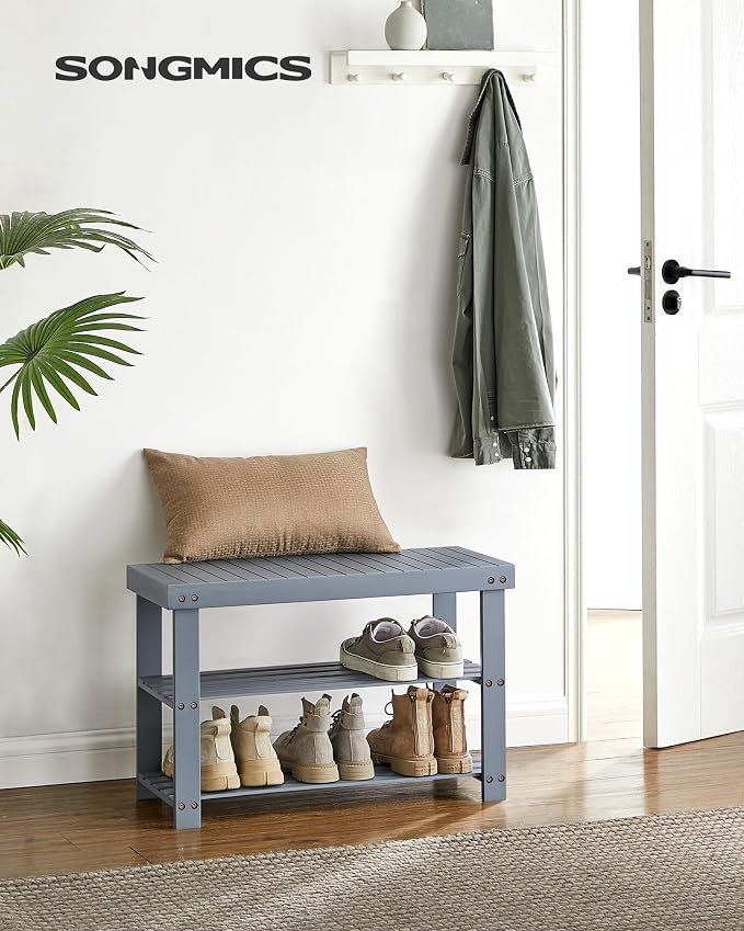 SONGMICS Shoe Rack Bench, 3-Tier Bamboo Shoe Storage Organizer, Entryway Bench - Image 2