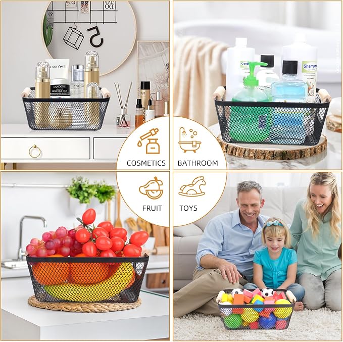 6 Pack Black Wire Basket with Wooden Handle, Storage Bins - Image 2
