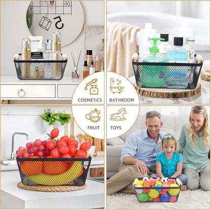 6 Pack Black Wire Basket with Wooden Handle, Storage Bins - Image 2