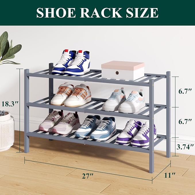Smiry Bamboo Shoe Rack for Closet, 3 Tier Wooden Stackable Shoe Organizer - Image 2